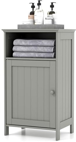 RELAX4LIFE Bathroom Floor Cabinet, Single Door Side Cabinet Bathroom Unit with Open Compartment & 3-Position Adjustable Shelf, Freestanding Storage Cupboard Organizer for Hallway Living Room (Grey)