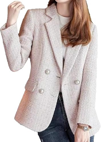 Blazer da Donna in Tweed Moda Girocollo Classico Doppio Petto Abbottonatura Ufficio Business Casual Blazer Manica Lunga Cappotto Sottile (Rosa,M)