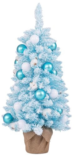 GYMAX Árbol de Navidad Artificial, Árbol Decorativo Pequeño, Árbol Nevado con Copos de Algodón Natural y Bolas Decorativas, Árbol con 163 Puntas de Ramas, Árbol Navideño Ideal para Uso Interno (Azul)