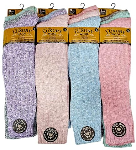 Trendy Lane 3 Pairs Ladies Long Chunky Wool Blend Boot Socks, Thick & Soft Thermal Socks for Walking, Hiking & Work, Mix Colours, UK Size 4-7 (EU 37-42)