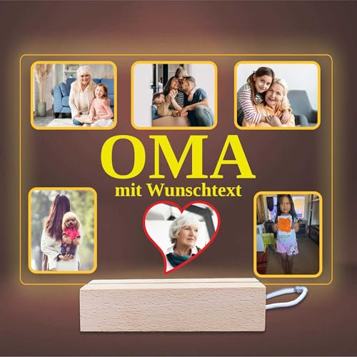 INDIGOS UG - OMA - Lampe personalisiert - mit Foto und Widmung - personalisiertes Geschenke - Acrylglas 18x14 cm - optionale Lampe warmweiss