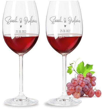 VILLA ROSA LOTTA - Leonardo Weinglas 2er Set mit Gravur - Hochzeitsgeschenke für Brautpaar, Personalisiertes Geschenk zur Hochzeit, Verlobung, Jahrestag mit Name und Datum, Rotweinglas