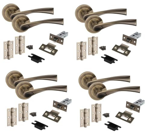 Golden Grace Astrid Design Door Handles in Antique Brass Finish with Tubular Latch & 1 Pair of 3 Ball Bearing Hinges - 4 Sets