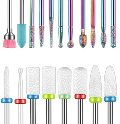 Gvvsjgdbis Advanced 19pcs 3/32 Inch Electric Nail Drill Bits Sets, Diamond & Ceramic Cuticle Bits for Acrylic Gel Nails