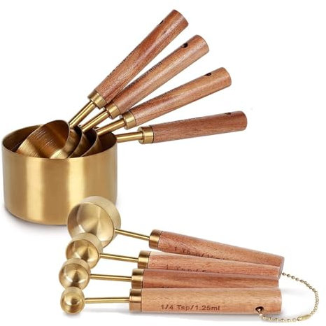 Aromatic Wooden Handle Measuring Cups and Spoons Set, Complete Copper-Toned Stainless Steel Kitchen Tools