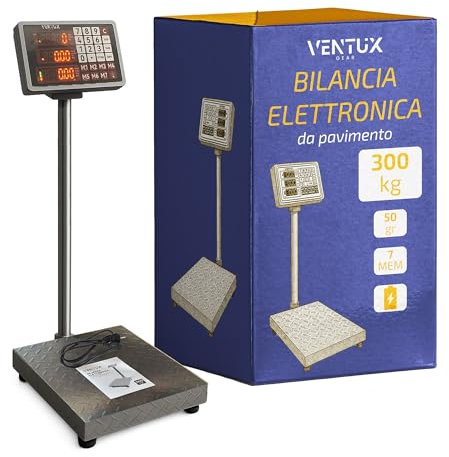 Ventux Gear Bilancia Elettronica da Pavimento 300 kg | Precisione 50 g | LCD | Memoria 7 prezzi | Batteria Ricaricabile e Corrente | Piattaforma Antiscivolo | Bilancia Industriale e Commerciale
