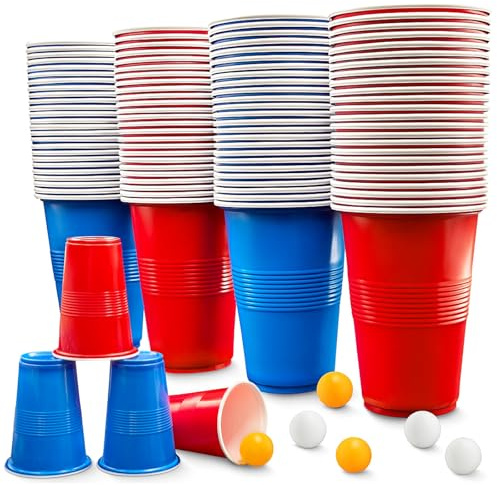 Bellanova 100 Pack 500 ml Reusable Party Cups with 10 Ping Pong Balls | 50 Red and 50 Blue Cups (16.9 oz) for Group Games, Events, Camping and Beverages