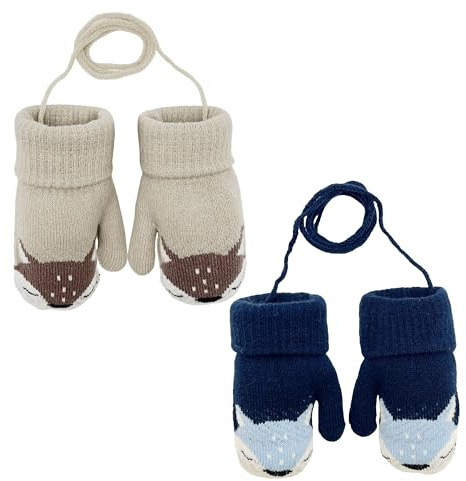 CATMEYE 2 Paia di muffole neonato invernali lavorate a maglia, motivo volpe carino, fodera in pile morbida e soffice, guanti caldi per bambine e bambini, taglia 0–3 anni