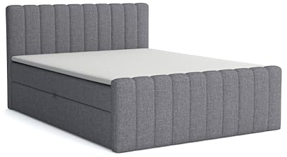 Boxspringbett Aster mit Bettkasten 180 x 200 cm, Polsterbett mit Bonellmatratze Topper Doppelbett mit Stauraum gepolstertes Kopfteil, Doppelbett Schlafzimmer Härtegrad H3, Inari 91 - hellgrau