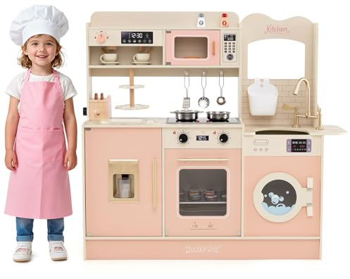 COSTWAY Cuisine Enfant en Bois avec Lumière & Effet Sonore, Jeu de Cuisine avec 25 Accessoires & Micro-Ondes, Machine à Café & Machine de Glaçons, Jeu d'Imitation pour Enfants de 3 Ans+ (Rose)