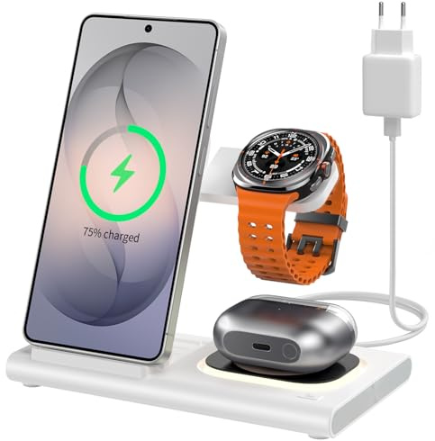 3 in 1 Ladestation für Samsung Induktive Ladestation [Faltbar & Nachtlicht] | Wireless Charger für Samsung S26 Ultra-S10/Z Fold Flip8, Reiseladegerät für Galaxy Watch 8-3/Buds 4,（Not für Watch 9/Ultra2）