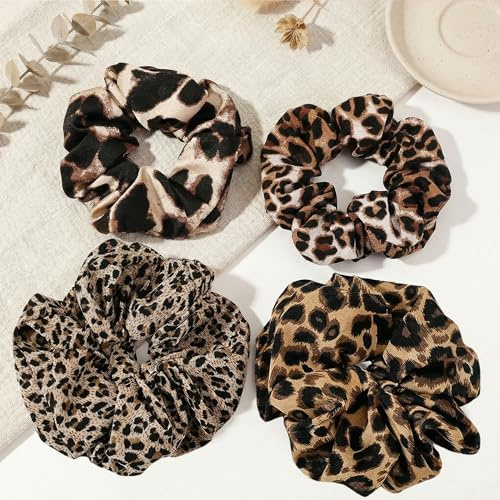 VVPENA 4 Stück Haargummi Leopardenmuster, Groß Scrunchie Haargummis Damen für Dickes Haar