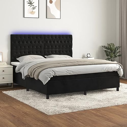 QUAHEAS Boxspringbett mit Matratze, LED-Beleuchtung, Samt Schwarz 180x200 cm, höhenverstellbares Kopfteil, Taschenfederkern, für Schlafzimmer
