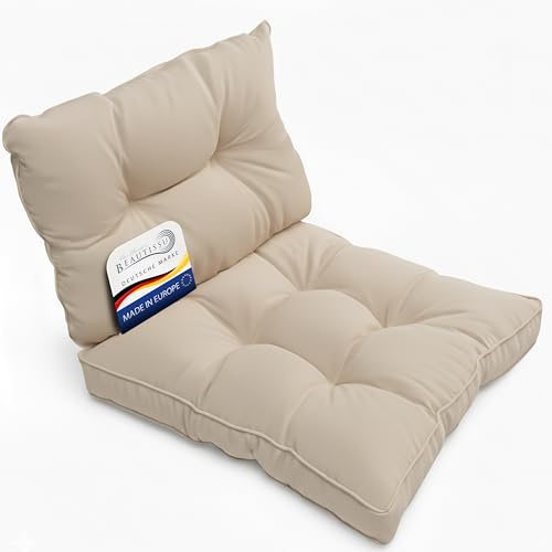 Beautissu 2er Lounge Auflagen Set Sitzkissen Outdoor Rückenkissen | 60x60 cm 60x40 cm Natur schmutzabweisend Polsterauflagen für Gartenmöbel Sitzpolster