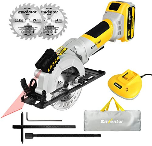 ENVENTOR Mini Sega Circolare, 20V Brushless 4.0Ah Mini Sega Circolare a Batteria, 3800RPM, Guida Laser, Profondità di Taglio: 42.8mm/90º, 28mm/45º, 2 Lame Ø115mm per Legno, Caricatore Rapido