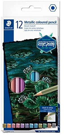 Staedtler Metallic Colouring Pencils Design Journey for Metallic Shimmer Effects, Glitter and Highlights on Dark Paper, Soft Lead with High Coverage, 12 Colouring Pencils in Cardboard Case, 146M C12