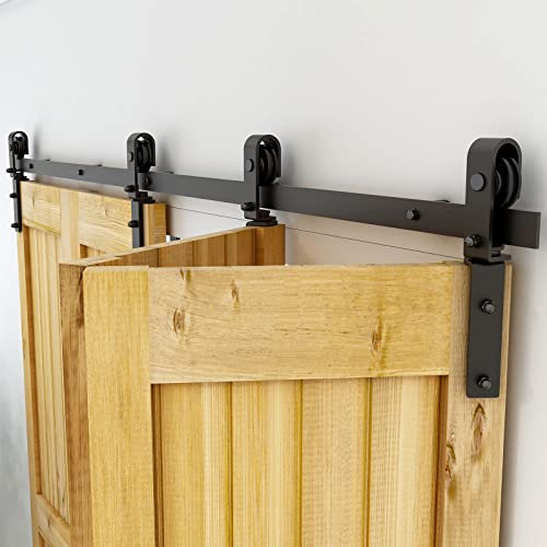 CCJH 3 m Bi-Falt-Schiebetür-Hardware-Kit für 4 Türen, gleiten reibungslos leise, schwarze Schiene, J-Form, keine Tür