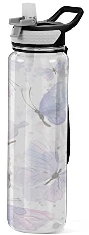 linqin Wasserflasche für Herren, Aquarell, Rosa, Flieder, Schmetterlinge, für Jungen und Mädchen, 1 Liter Wasserflasche für Damen