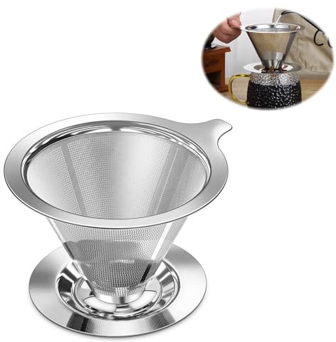 MUYAPAY Filtro Cafe Reutilizable, Filtros Cafe Acero Inoxidable, Filtro Cafetera Malla de Doble, Filtros Cafetera Goteo con Base, Gotero Sin Papel Colador de Cafe para Cafetera Manual Plata