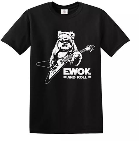 Ewok and Roll Guitar T-Shirt Funny Rock Music Joke Rude Novelty Gift Top Tee (Black White Print, M)