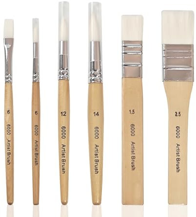 Wooden Paint Brush Set, 6 Pcs Artist Paint Brushes and Round Flat Pointed Tip Painting Brushes for Watercolor, Oil, Acrylic Painting