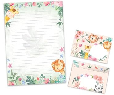 Briefpapier-Set Briefblock mit Umschlag für Jungen Mädchen Kinder Tiere Löwe Giraffe (Block A4 mit 25 Blätter + 15 Umschläge)