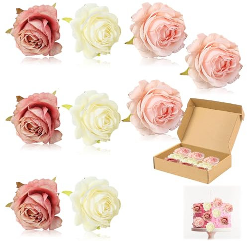 9PCS Flower Cake Decorations, Artificial Rose Flower Cake Decorations, Bridal Cake Decorations, Suitable for Wedding, Valentine's Day, Party, Girls Birthday (White, light pink, bean paste)