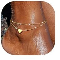 HARJJME Fußkettchen für Damen Silber 925 Gold Fussketten für Frauen Doppelte Herz Perlen Plättchen Twist Infinity Fußkette Verstellbare Layered Sommer Strand Fußschmuck Geschenk
