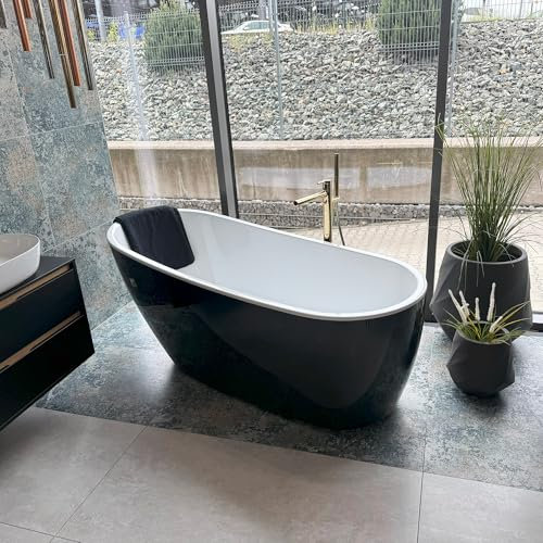 ECOLAM Baignoire îlot noire Comfort 174x75 cm | Baignoire moderne sur pieds | acrylique de qualité supérieure blanc et noir | Ensemble complet avec bonde design click-clack