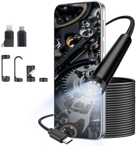 VINATO Endoscopio per Smartphone 10m, Telecamera Ispezione 1080P HD Impermeabile IP67, Sonda 8mm con 8 LED, Connessione Diretta Type-C (Adattatore iPhone/Android Incluso) per Autoveicoli, Tubature