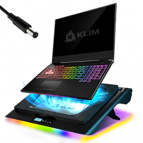 KLIM Everest Plus Laptop Cooling Pad - 6300 RPM Turbo Fan Cooler | Powerful DC cooling pad with dual turbo fans, RGB lighting, sealed foam design, cools fast. Fits 11-17.3in laptops.
