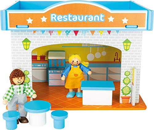 small foot 10852 Spielhaus Restaurant aus Holz, mit 2 Puppenfiguren, Zubehör und abnehmbarem Dach, ab 3 Jahren