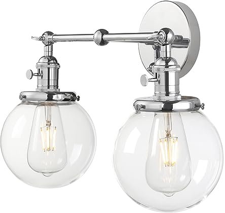 Pathson Réglable 2 Luminaire Applique Abat-jour en Verre Rétro Industrial Lampe Murale Plafonnier Rétro Eclairage(Ampoule Non Inclus) Chrome