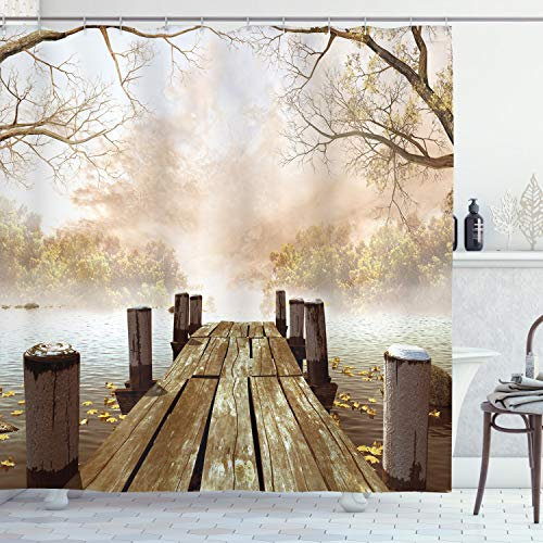 ABAKUHAUS Herbst Duschvorhang, Fall See in Wald, Stoffliches Gewebe Badezimmerdekorationsset mit Haken, 175 x 240 cm, Pale Braun Grün Tan