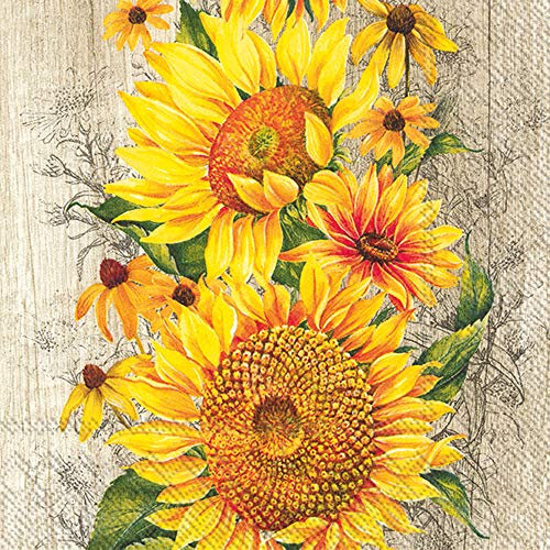 IHR Ideal Home Range Party-Servietten, Einweg-Servietten, 3-lagig, Papierservietten, 16,5 x 16,5 cm, Sonnenblumen auf Hellbraun