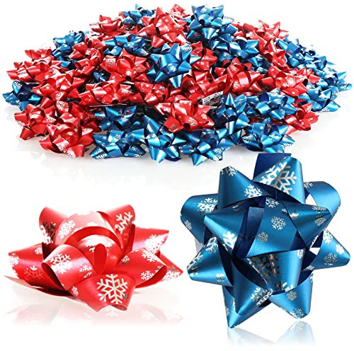 com-four® 100x Geschenkschleife in tollen Farben - Selbstklebende Dekoschleifen mit Muster für Weihnachten und Geburtstag (100 Stück - Flocke - rot + blau)