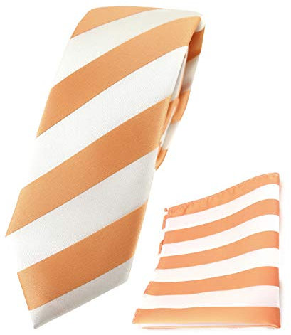 TigerTie schmale Designer Krawatte Designer Einstecktuch in apricot weiss gestreift - Krawattenbreite 6 cm