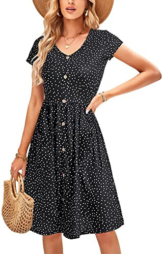 OUGES Women's Summer Short Sleeve Dress V Neck Casual Button Down Midi Ladies Dresses with Pockets(Floral24,L)