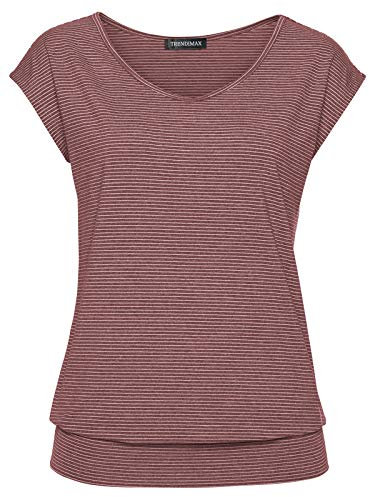 TrendiMax Damen T-Shirt Kurzarm Streifen Shirt Sommer Oberteil Casual Bluse Tops Basic Tee, Weinrot, M