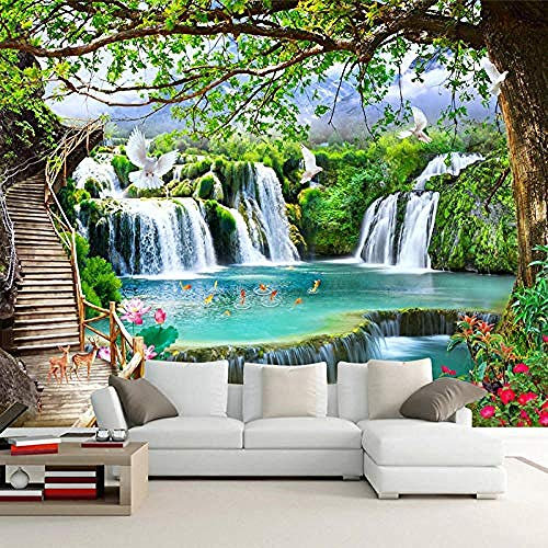 Benutzerdefinierte Beliebige Größe Grüner Wald Wasserfall Natur Landschaft 3D Wandbild Tapete Wohnzimmer Schlafzimm Wanddekoration fototapete 3D Tapete effekt Vlies wandbild Schlafzimmer-300cm×210cm