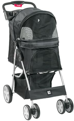 KCT Hooded Foldable Pet Dog Cat Stroller Black- 4 Wheel Travel Carriage with Safety Leash, Canopy, Cup Holder, Storage Tray