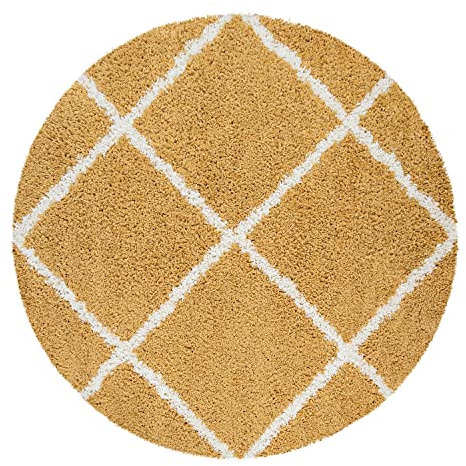Paco Home Hochflor Teppich Rund Wohnzimmer Schlafzimmer Modern Shaggy Skandinavisch Kleine Rauten, Grösse:160 cm Rund, Farbe:Gelb