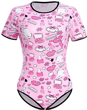 IBAKOM Damen Strampler mit niedlichem Aufdruck, kurzärmelig, Einteiler, Nachtwäsche, Turnanzug, Pyjama, Teddy, Nachtwäsche, Jumpsuit, hot pink, 46