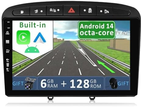 YUNTX Android 10 [6GB+128GB] 2 DIN Autoradio para Peugeot 308 (2007-2013)- [Integrado CarPlay/Android Auto/DSP/GPS]-8 Core-Free Cámara&Mic-Soporte Dab/Control del Volante/Arranque rápido/BT 5.0/USB