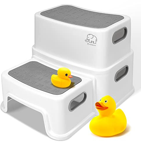 Forbena Toddler Step Stool for Bathroom Sink, 2 Step Stool for Kids Toilet Potty Training, Non-Slip Toddlers Baby Child Kid Plastic Poop Stools with Handle for Kitchen Counter Bed (White-Grey)
