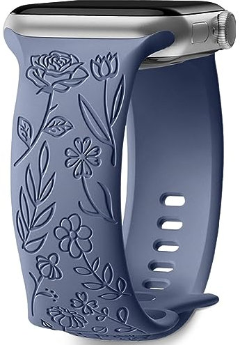 Mastten Intagliato Fiore Cinturino Compatibile con Apple Watch 40mm 38mm 41mm Donna, Morbido Silicone Elegante Modello Rosa per Series 9 8 7 6 5 4 3 2 1 SE, Blu Grigio