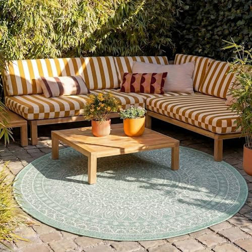 In- & Outdoor Teppich Rund - Summer Azteca Grün - Ø 180 cm | Wetterfest - Synthetik, Polypropylen - Balkon, Garten / Terrasse - Terrasse teppich - Outdoor rug