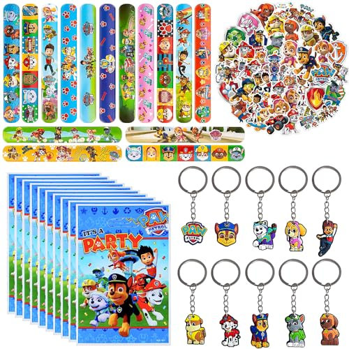 LGUZAKO 85pcs Party Bag Fillers for Kids, 15 Slap Bands 50 Stickers 10 Goodie Bags 10 Keychains Party Fvours for Birthday Christmas Crackers (Dog)