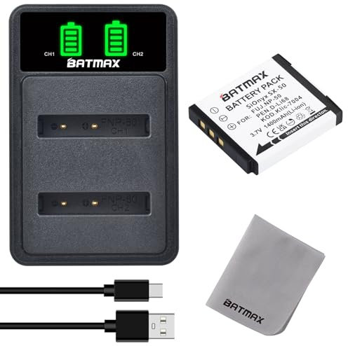 Batmax FNP-50 NP-50 Batterie et Chargeur avec USB Port pour FUJIFILM NP-50 FinePix F100fd/ F200EXR/ F60fd, Kodak KLIC-7004 EasyShare M1033/ V1253/ M1093 PENTAX D-LI68 Optio S12/ S10/ A36
