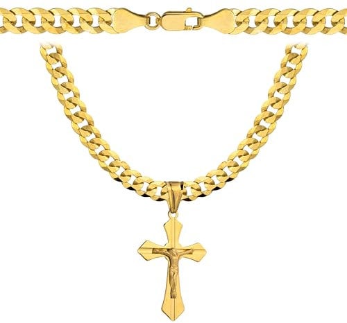Amor Luxury goldketten herren kreuz 585, Kette Herren 925/585 - goldkette herren 585 massiv 50 cm - Kreuz Kette - Goldkette Kreuzkette - Halskette Herren 6,5 mm Panzerung